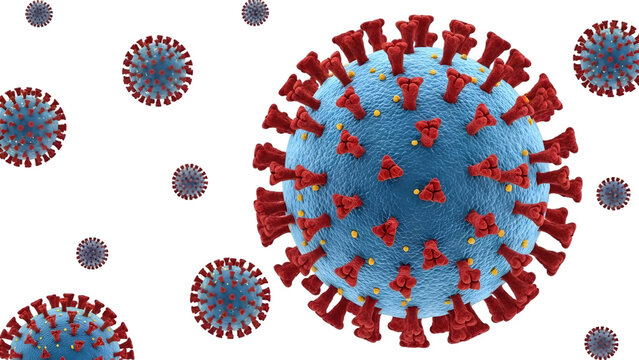Viral particles with red spike proteins and blue membrane surface in microscopic detail isolated on a transparent background - Powered by Adobe