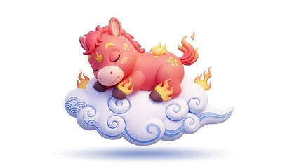 Obraz premium Dreamy celestial slumber, a horse rests on a cloud of whimsical shapes and vibrant flames