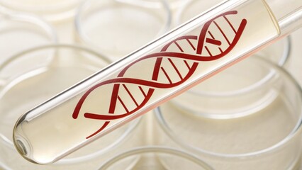 DNA strand illustration in test tube symbolizes public health milestone in genetic research and scientific innovation for medical progress