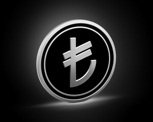 Obraz premium Silver And Black Rounded Turkish Lira Coin Isolated On Shiny Silver Glow Background 3d Illustration