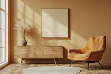 Canvas artwork displayed with a living room sideboard and an easy armchair near a beige wall, creating a relaxed and welcoming ambiance, Generative AI