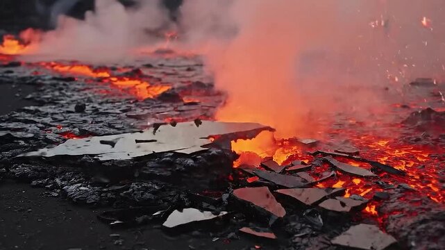 Molten lava cooling into sharp obsidian shards on a dark volcanic beach