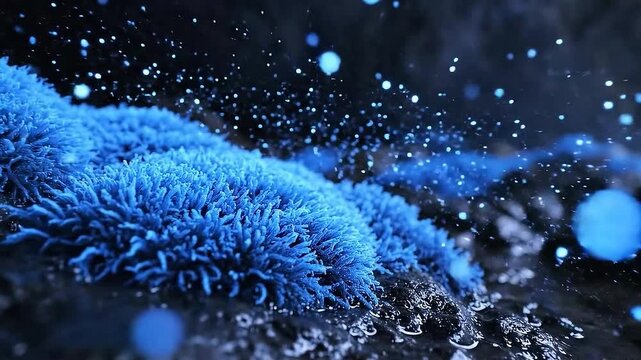 Macro tracking shot of glowing blue bioluminescent moss on a damp cave floor.