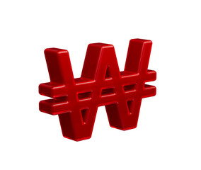 Obraz premium 3D Red Korean Won symbol with a glossy surface, representing digital currency. 3d Illustration