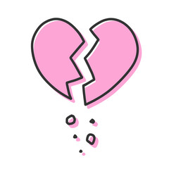 ひび割れて破片がボロボロと落ちているハートの手描きイラストアイコン 版ズレ ピンク
