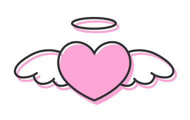 羽とヘイローがついたシンプルなハートの手描きイラストアイコン	 版ズレ ピンク
