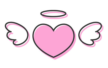 羽とヘイローがついたシンプルなハートの手描きイラストアイコン	 版ズレ ピンク
