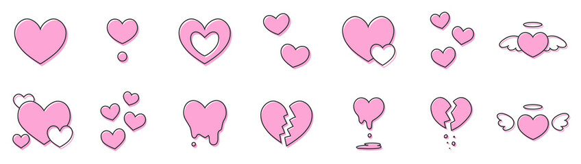 さまざまなハートのシンプルな手描きイラストアイコンセット 版ズレ ピンク
