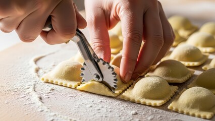 Hands crafting fresh ravioli on floured surface with pasta cutter close-up