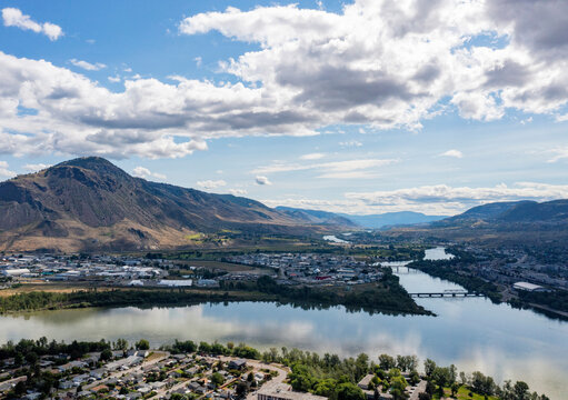 Aerial View of Kamloops, British Columbia With Mountains and River