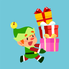 Naklejka premium Cute Christmas Elf Carrying Gift Boxes