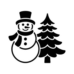 snowman, silhouette, christmas, tree, vector, clipart, icon, winter, holiday, blackwhite, tophat, festive, xmas, december