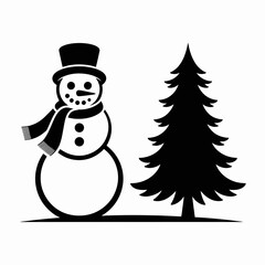 snowman, silhouette, christmas, tree, vector, clipart, icon, winter, holiday, blackwhite, tophat, festive, xmas, december