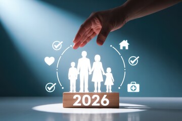 Hand protects glowing family silhouette above 2026 block for insurance advertising use.