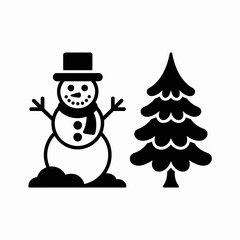 snowman, silhouette, christmas, tree, vector, clipart, icon, winter, holiday, blackwhite, tophat, festive, xmas, december