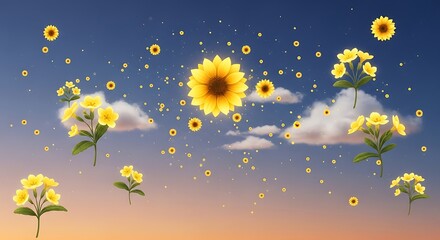 A vibrant digital illustration depicting floating yellow sunflowers and smaller blossoms scattered against a warm, gradient sky with clouds