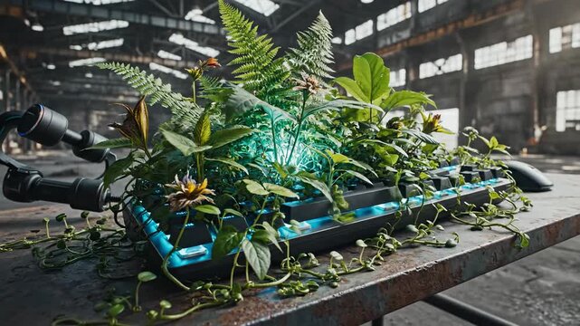 Digital wilderness A glowing keyboard embraced by verdant plants, merging technology's core with nature's embrace in a raw industrial environment, symbolizing sustainable innovation
