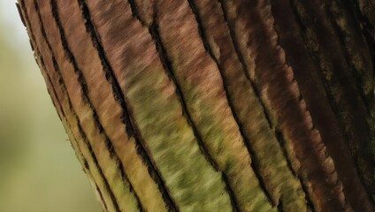 Close-up of a tree trunk with textured bark in shades of brown and green, showcasing natural...