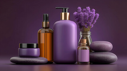 Luxury spa beauty products with lavender and smooth stones AI Generated