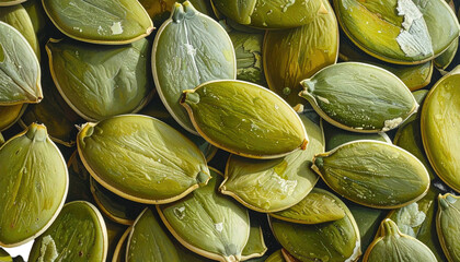 Close-up of numerous, greenish-yellow, ovate seeds, textured and overlapping