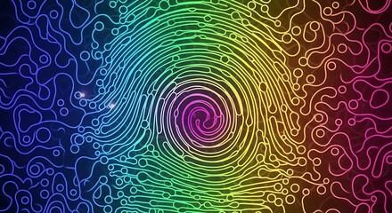 A vibrant digital illustration features a circular pattern resembling a fingerprint, created with swirling, colorful lines. The design radiates outwards