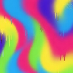 A vibrant digital illustration features a swirling, blurred background of rainbow hues with painted drips