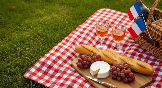 A classic Bastille Day picnic spread with French flags, wine, cheese, and baguette on green grass, celebrating a summer outdoor dining concept