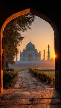 Taj Mahal monument visible through an ornate archway at sunrise with dramatic golden light