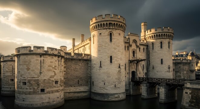 Historic Bastille Prison illuminated beneath a dramatic, stormy sky, showcasing imposing medieval architecture for a historical fortress concept