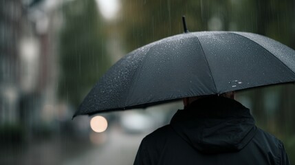 Adult in rainy city holding black umbrella on overcast day