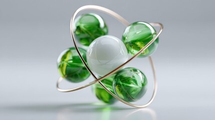 Abstract representation of atomic structure with green and white spheres
