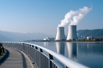 Obraz premium Cooling towers and smoke at a nuclear power plant by a river on a clear day