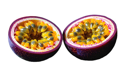 Two passion fruit halves, revealing seeds and juicy pulp