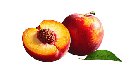 Juicy, ripe fruit; a halved section shows the pit