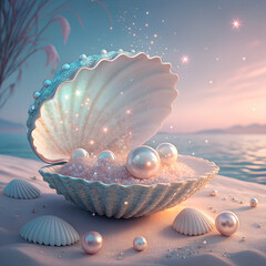 An open seashell filled with luminous pearls and pink sand on a serene beach at sunset.