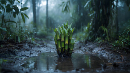 Moody atmospheric young bamboo shoots growing in muddy puddle, heavy rain in dark forest nature background, cinematic wet green jungle landscape, for concept of growth, resilience, ecology, zen.