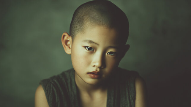 Studio portrait of an East Asian nonbinary child with a buzz cut, neutral expression, and soft minimal lighting for modern identity representation. Portrait of gender neutral child, modern identify. B