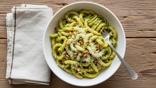 Homemade strozzapreti pasta with pesto sauce, parmesan, and pine nuts on rustic wooden table