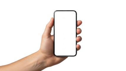 Hand holding a smartphone with a blank white screen on black background mobile phone
