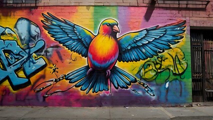 Graffiti mural of a bird breaking chains mid-flight, wings made of colorful paint strokes, symbolic street art, vibrant rainbow palette, strong motion blur effect.
