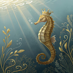 A majestic golden seahorse wearing a crown swims gracefully in sunlit blue ocean waters, surrounded by shimmering golden underwater plants and bubbles.