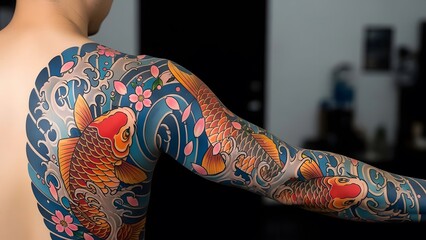 Full sleeve Japanese tattoo design featuring multiple orange koi fish swimming through blue water waves with pink cherry blossom accents
