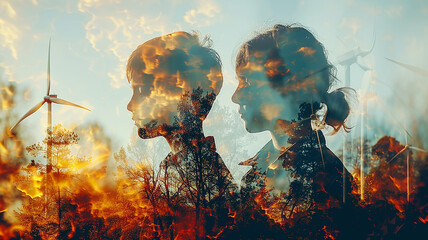 adult and child multi-exposure on a transparent background of future energy technologies, wind turbines and eco