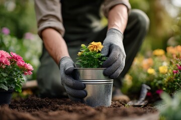 Fototapeta premium Adult male gardening: planting yellow flowers in metal pot with gloves
