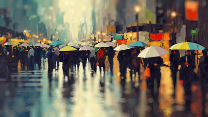 Art painting of people with colorful umbrellas in the rain in a blurry style background backdrop