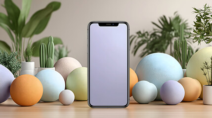 Modern smartphone display surrounded by pastel spheres and lush green plants AI Generated