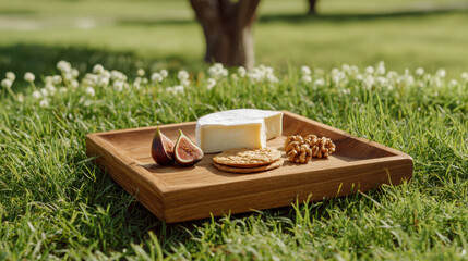 Gourmet cheese board with figs, walnuts, crackers on wooden tray in grass. Delicious assortment of brie cheese, fresh figs, crunchy walnuts, crackers served on wooden platter amidst lush green grass