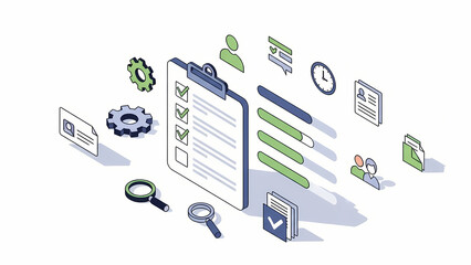 Isometric Task Management and Workflow on White Background