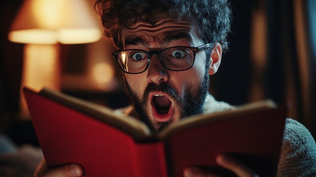 A surprised reader engrossed in a book.