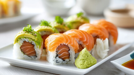 Delicious salmon avocado sushi rolls served with wasabi ginger on white plate. Fresh sushi rolls featuring vibrant salmon creamy avocado, presented with traditional accompaniments for delightful meal